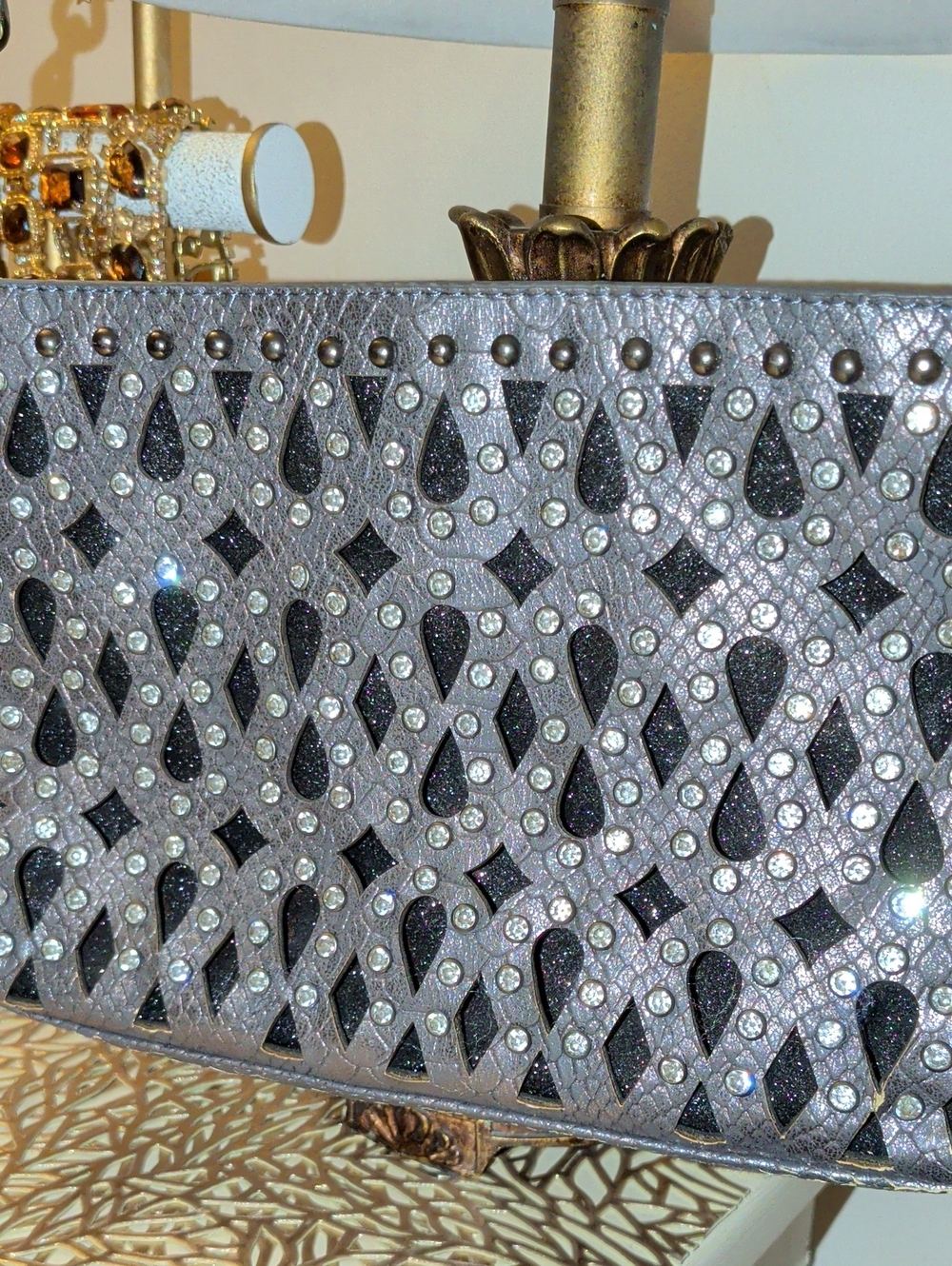 Silver Embellished Evening Hand Bag Rhinestone Detail